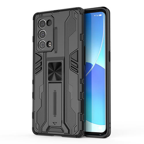 Silicone Matte Finish and Plastic Back Cover Case with Magnetic Stand for Oppo Reno6 Pro 5G Black