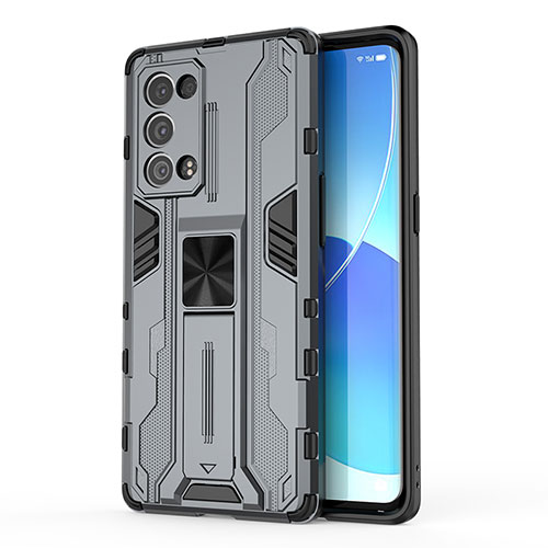 Silicone Matte Finish and Plastic Back Cover Case with Magnetic Stand for Oppo Reno6 Pro 5G Gray