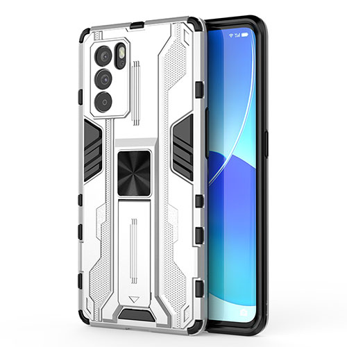 Silicone Matte Finish and Plastic Back Cover Case with Magnetic Stand for Oppo Reno6 Pro 5G India White