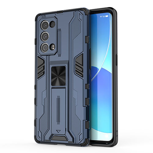 Silicone Matte Finish and Plastic Back Cover Case with Magnetic Stand for Oppo Reno6 Pro+ Plus 5G Blue