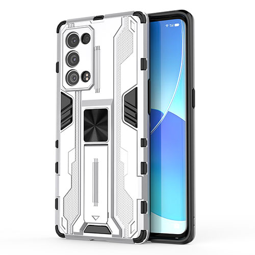 Silicone Matte Finish and Plastic Back Cover Case with Magnetic Stand for Oppo Reno6 Pro+ Plus 5G White