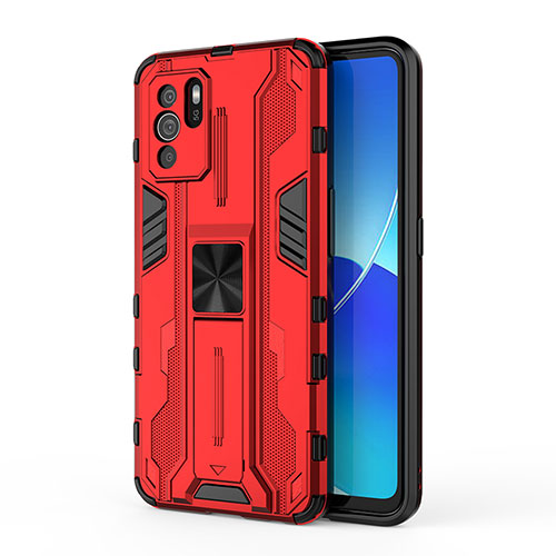 Silicone Matte Finish and Plastic Back Cover Case with Magnetic Stand for Oppo Reno6 Z 5G Red