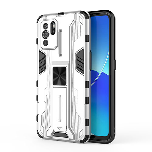 Silicone Matte Finish and Plastic Back Cover Case with Magnetic Stand for Oppo Reno6 Z 5G White