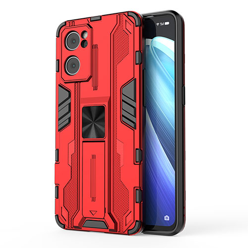 Silicone Matte Finish and Plastic Back Cover Case with Magnetic Stand for Oppo Reno7 5G Red