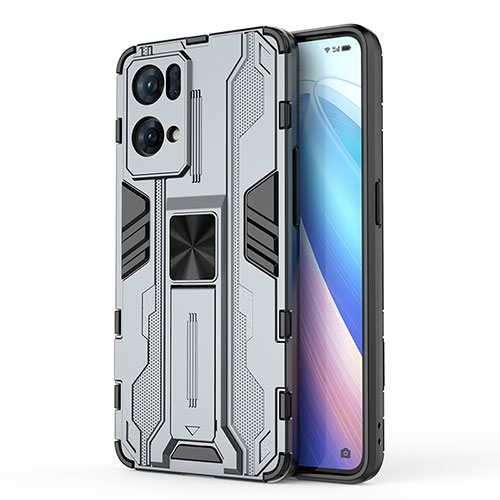 Silicone Matte Finish and Plastic Back Cover Case with Magnetic Stand for Oppo Reno7 Pro 5G Gray