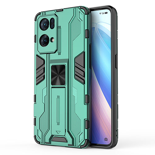 Silicone Matte Finish and Plastic Back Cover Case with Magnetic Stand for Oppo Reno7 Pro 5G Green