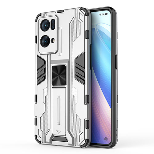 Silicone Matte Finish and Plastic Back Cover Case with Magnetic Stand for Oppo Reno7 Pro 5G White