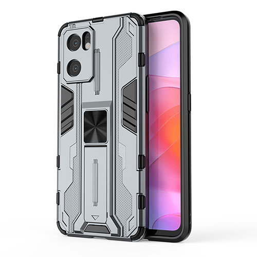 Silicone Matte Finish and Plastic Back Cover Case with Magnetic Stand for Oppo Reno7 SE 5G Gray