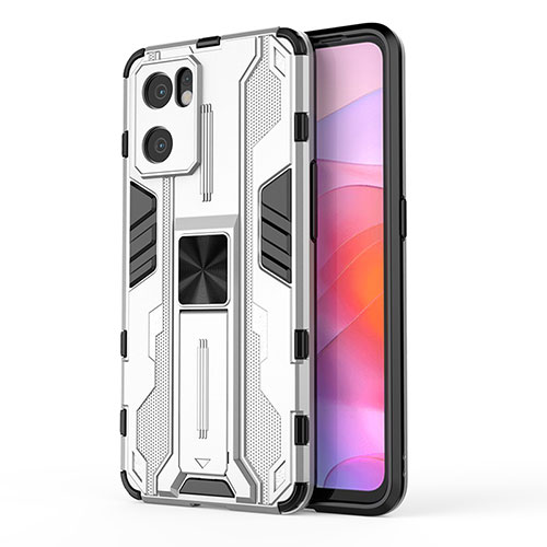 Silicone Matte Finish and Plastic Back Cover Case with Magnetic Stand for Oppo Reno7 SE 5G White