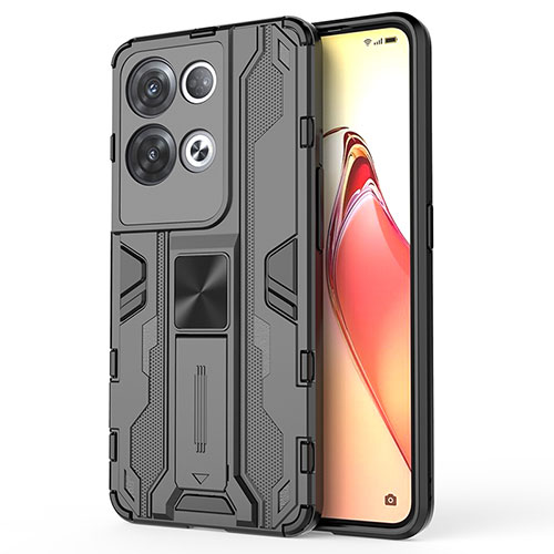 Silicone Matte Finish and Plastic Back Cover Case with Magnetic Stand for Oppo Reno8 Pro 5G Black