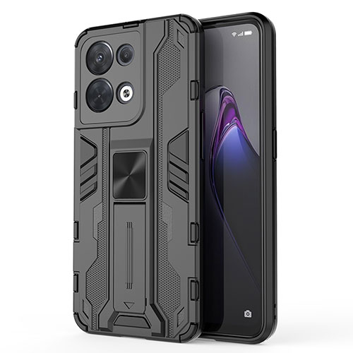 Silicone Matte Finish and Plastic Back Cover Case with Magnetic Stand for Oppo Reno9 5G Black