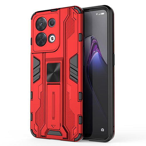 Silicone Matte Finish and Plastic Back Cover Case with Magnetic Stand for Oppo Reno9 5G Red