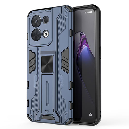 Silicone Matte Finish and Plastic Back Cover Case with Magnetic Stand for Oppo Reno9 Pro 5G Blue