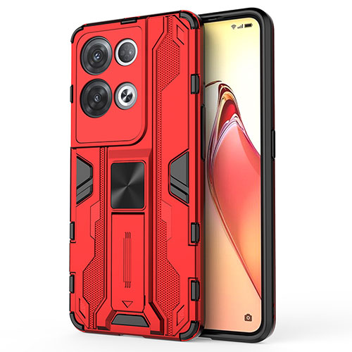Silicone Matte Finish and Plastic Back Cover Case with Magnetic Stand for Oppo Reno9 Pro+ Plus 5G Red