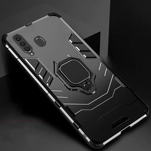 Silicone Matte Finish and Plastic Back Cover Case with Magnetic Stand for Samsung Galaxy A60 Black