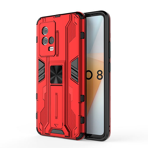 Silicone Matte Finish and Plastic Back Cover Case with Magnetic Stand for Vivo iQOO 8 5G Red