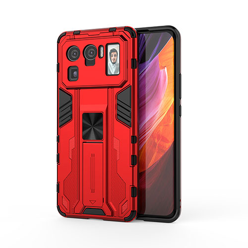 Silicone Matte Finish and Plastic Back Cover Case with Magnetic Stand for Xiaomi Mi 11 Ultra 5G Red