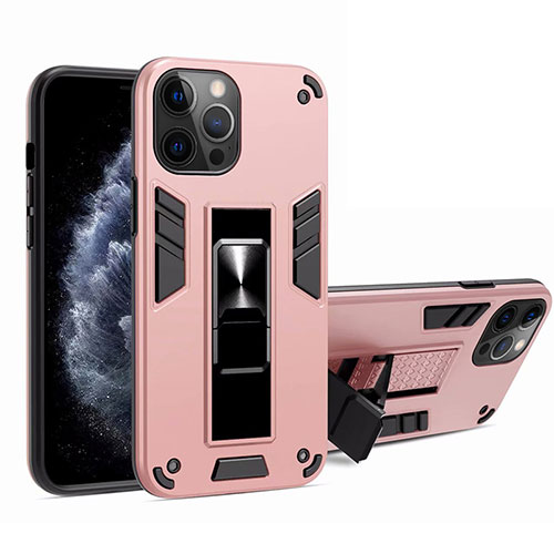 Silicone Matte Finish and Plastic Back Cover Case with Magnetic Stand H01 for Apple iPhone 12 Pro Max Pink