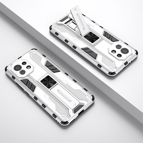 Silicone Matte Finish and Plastic Back Cover Case with Magnetic Stand H01 for Xiaomi Mi 11 5G White