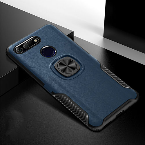 Silicone Matte Finish and Plastic Back Cover Case with Magnetic Stand H02 for Huawei Honor View 20 Blue