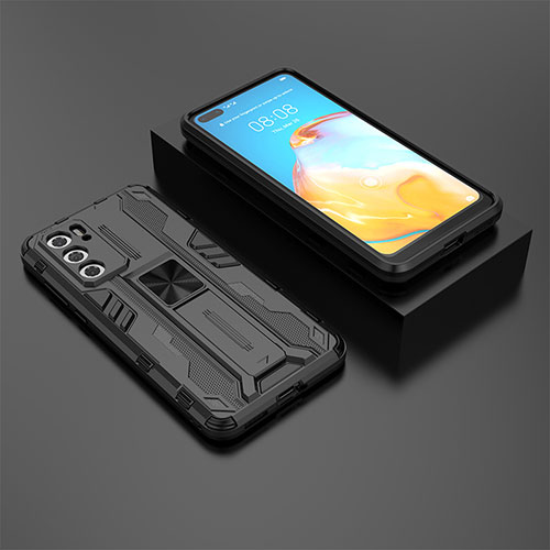 Silicone Matte Finish and Plastic Back Cover Case with Magnetic Stand KC1 for Huawei P40 Black