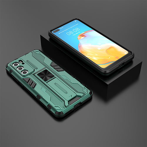 Silicone Matte Finish and Plastic Back Cover Case with Magnetic Stand KC1 for Huawei P40 Green