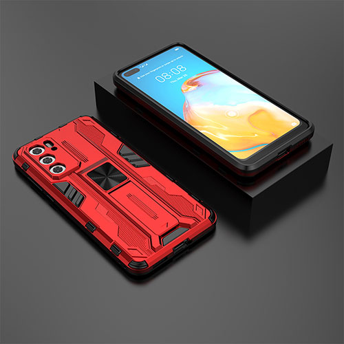 Silicone Matte Finish and Plastic Back Cover Case with Magnetic Stand KC1 for Huawei P40 Red