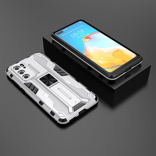 Silicone Matte Finish and Plastic Back Cover Case with Magnetic Stand KC1 for Huawei P40 Silver