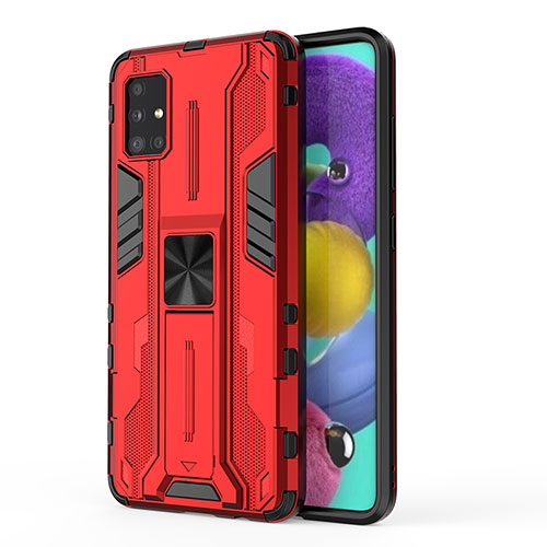 Silicone Matte Finish and Plastic Back Cover Case with Magnetic Stand KC1 for Samsung Galaxy A51 5G Red