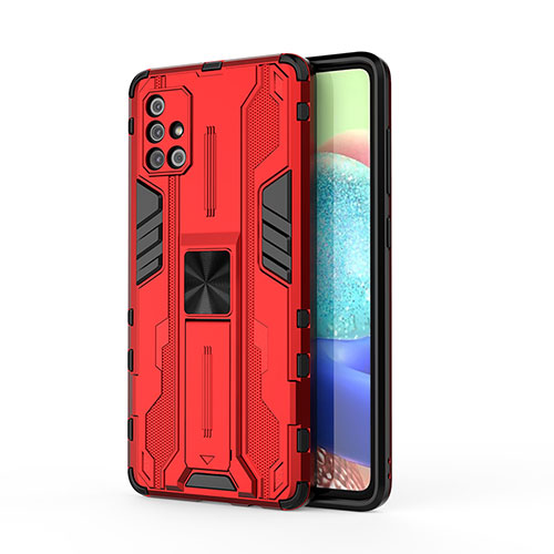 Silicone Matte Finish and Plastic Back Cover Case with Magnetic Stand KC1 for Samsung Galaxy A71 4G A715 Red