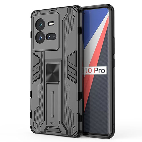Silicone Matte Finish and Plastic Back Cover Case with Magnetic Stand KC1 for Vivo iQOO 10 Pro 5G Black