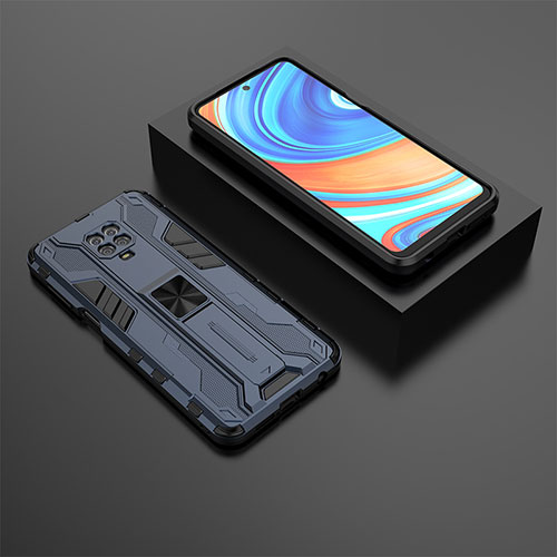 Silicone Matte Finish and Plastic Back Cover Case with Magnetic Stand KC1 for Xiaomi Poco M2 Pro Blue