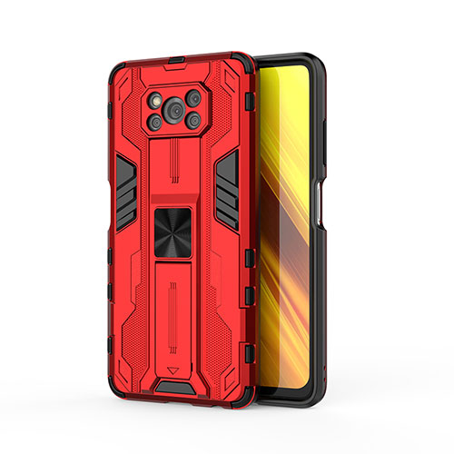 Silicone Matte Finish and Plastic Back Cover Case with Magnetic Stand KC1 for Xiaomi Poco X3 Pro Red