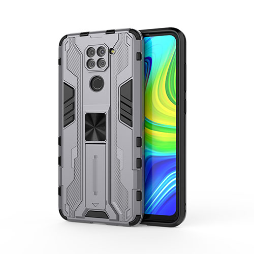 Silicone Matte Finish and Plastic Back Cover Case with Magnetic Stand KC1 for Xiaomi Redmi Note 9 Gray