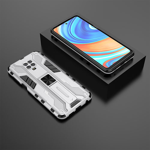 Silicone Matte Finish and Plastic Back Cover Case with Magnetic Stand KC1 for Xiaomi Redmi Note 9 Pro Silver