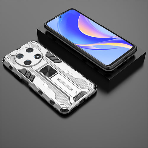 Silicone Matte Finish and Plastic Back Cover Case with Magnetic Stand KC2 for Huawei Nova Y90 White