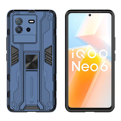 Silicone Matte Finish and Plastic Back Cover Case with Magnetic Stand KC2 for Vivo iQOO Neo6 5G Blue