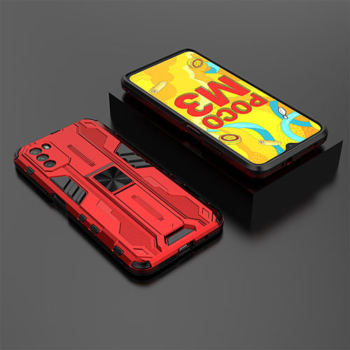 Silicone Matte Finish and Plastic Back Cover Case with Magnetic Stand KC2 for Xiaomi Poco M3 Red
