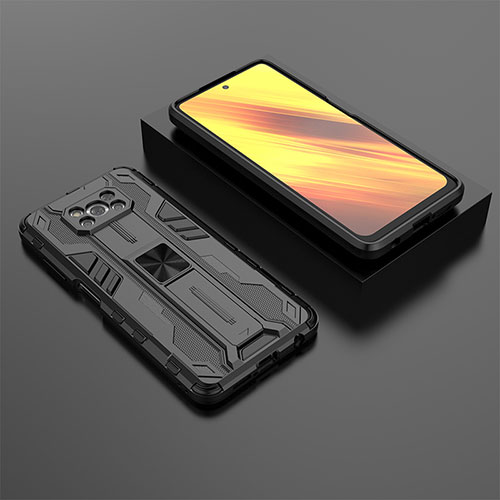 Silicone Matte Finish and Plastic Back Cover Case with Magnetic Stand KC2 for Xiaomi Poco X3 Pro Black