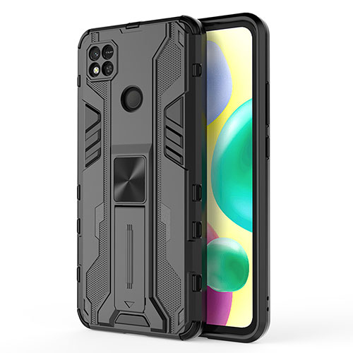 Silicone Matte Finish and Plastic Back Cover Case with Magnetic Stand KC2 for Xiaomi Redmi 9 India Black