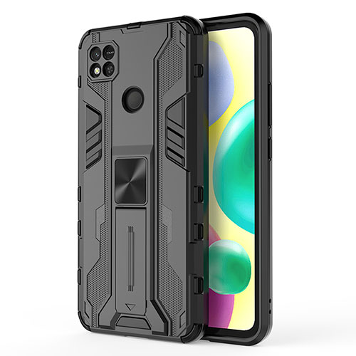 Silicone Matte Finish and Plastic Back Cover Case with Magnetic Stand KC2 for Xiaomi Redmi 9C Black