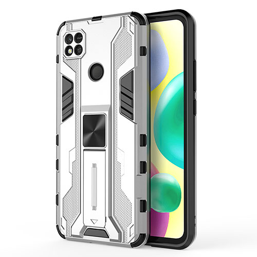 Silicone Matte Finish and Plastic Back Cover Case with Magnetic Stand KC2 for Xiaomi Redmi 9C White