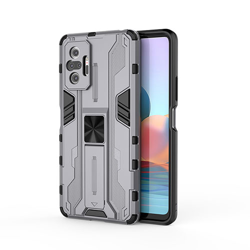 Silicone Matte Finish and Plastic Back Cover Case with Magnetic Stand KC2 for Xiaomi Redmi Note 10 Pro Max Gray