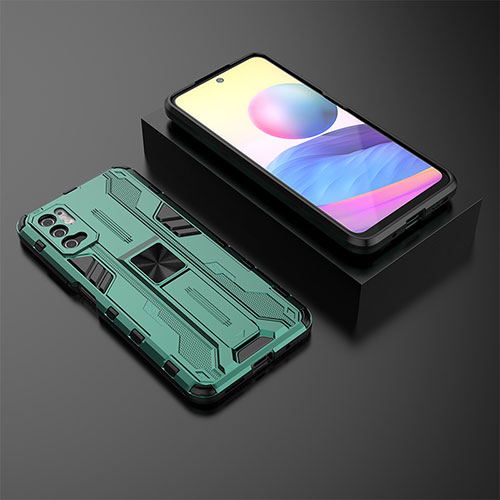 Silicone Matte Finish and Plastic Back Cover Case with Magnetic Stand KC2 for Xiaomi Redmi Note 11 SE 5G Green