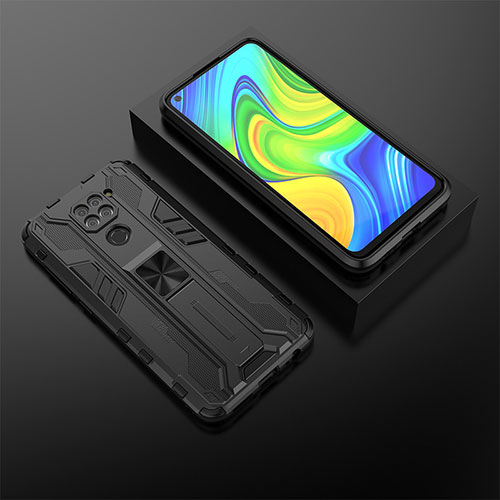Silicone Matte Finish and Plastic Back Cover Case with Magnetic Stand KC2 for Xiaomi Redmi Note 9 Black