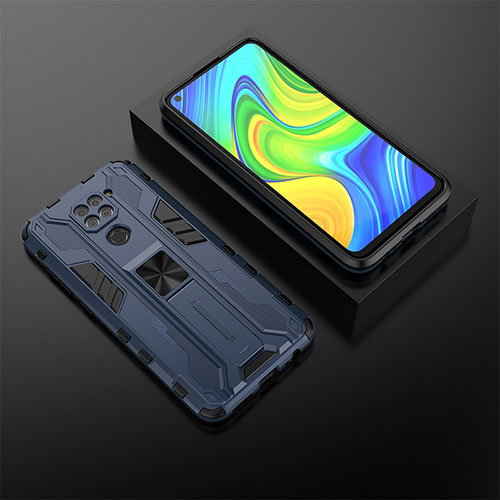 Silicone Matte Finish and Plastic Back Cover Case with Magnetic Stand KC2 for Xiaomi Redmi Note 9 Blue