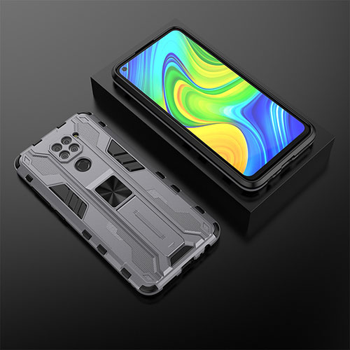 Silicone Matte Finish and Plastic Back Cover Case with Magnetic Stand KC2 for Xiaomi Redmi Note 9 Gray