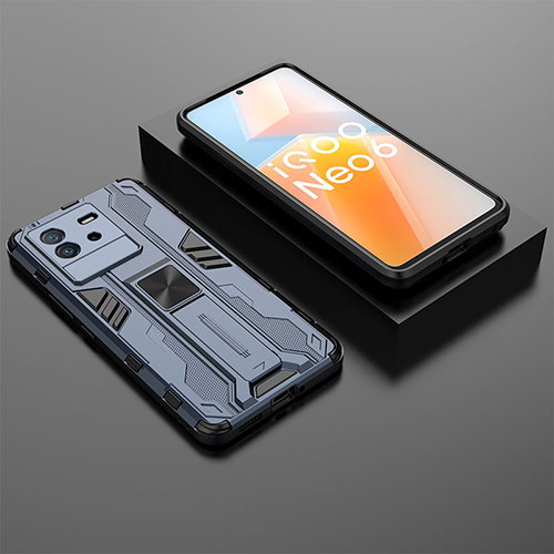 Silicone Matte Finish and Plastic Back Cover Case with Magnetic Stand KC3 for Vivo iQOO Neo6 SE 5G Blue