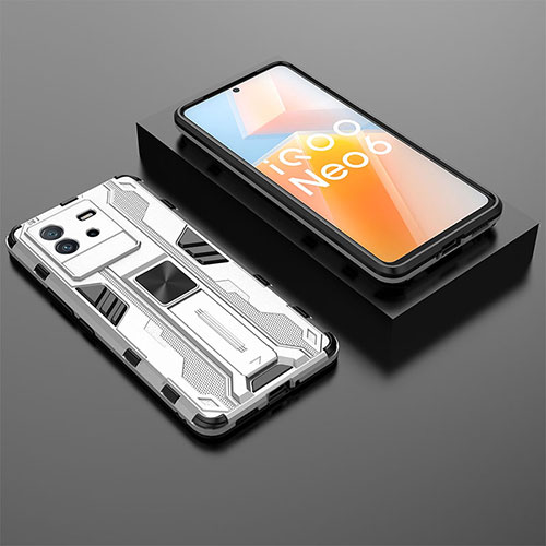 Silicone Matte Finish and Plastic Back Cover Case with Magnetic Stand KC3 for Vivo iQOO Neo6 SE 5G White