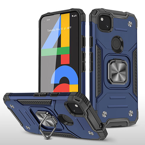 Silicone Matte Finish and Plastic Back Cover Case with Magnetic Stand MQ1 for Google Pixel 4a Blue